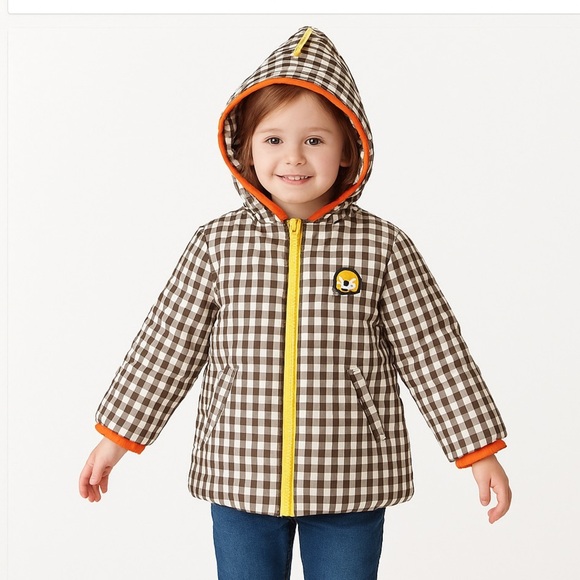 Les Enphants Kids Puffer Jacket – Gingham Check, Cartoon Face, Hood, ” Size 5T - Picture 1 of 14